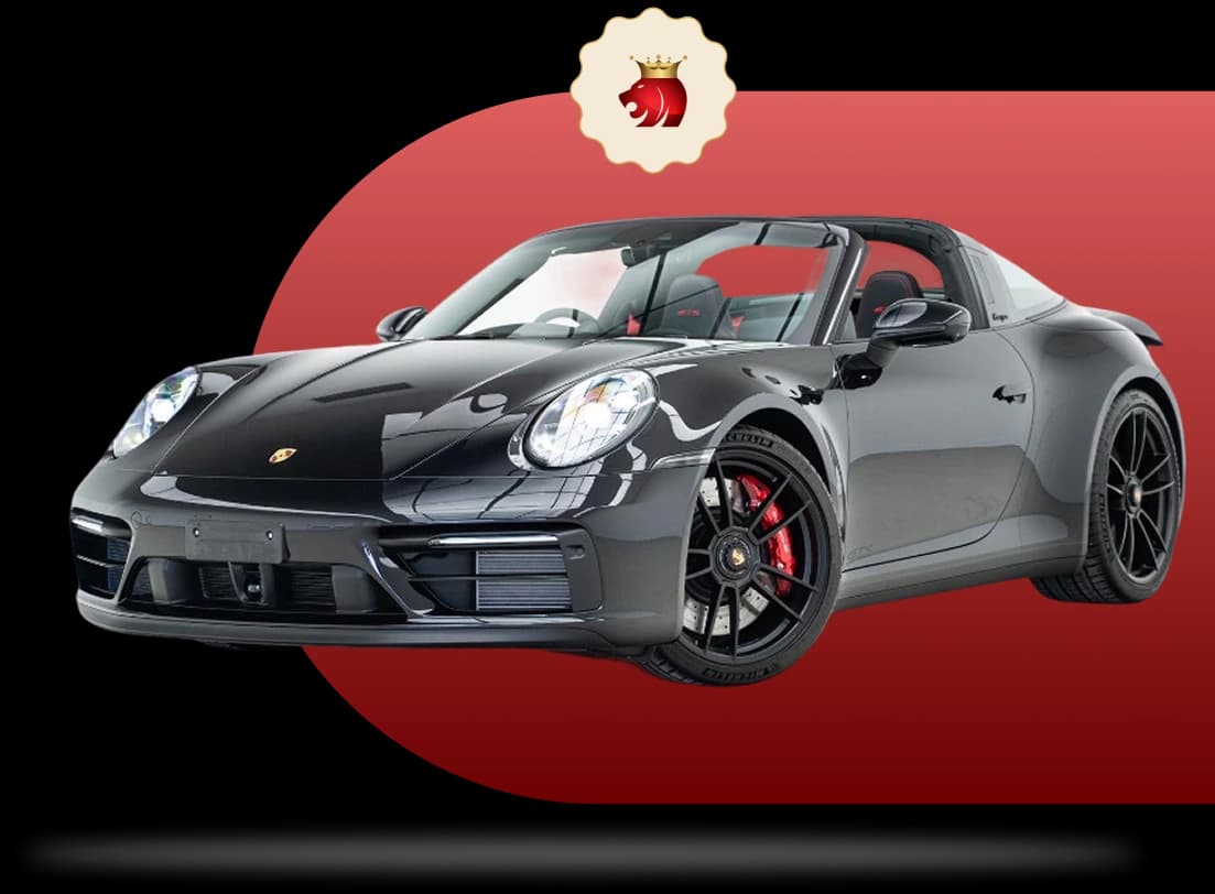 White sports car on a red gradient background